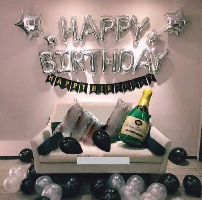 HBD Solid Happy Birthday Silver Foil Balloon Letters - 13 Letters / Birthday Banner Black/ 4pcs Silver Star Foil/ 1pcs Champagne Bottle Foil Balloon/ Metallic Black and Silver Balloons - Pack of 60 pcs Balloon. (Pack of 79)