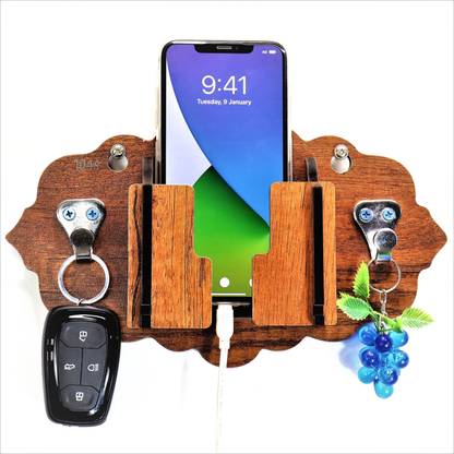 US DZIRE 1044 KHN Antique Art Key Holder | Mobile Charging Stand Cloth Hanger | for Home, Living Room, Kitchen, Wooden Handcrafted Wall Decor Wood Key Holder