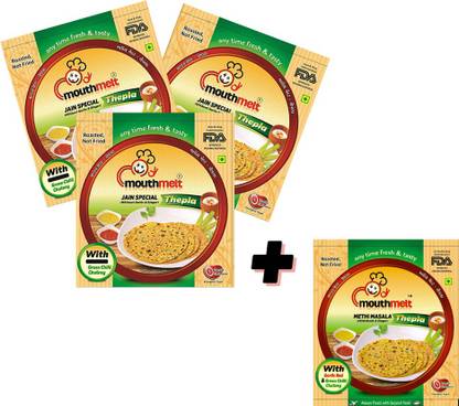MouthMelt by VITALMORAL Mix Pack Jain Special Soft Thepla + Methi Masala Thepla ( Jain Special 3 Packet Without Garlic & Jinger + Methi Masala 1 Packet with Garlic & Jinger) (Ready to Eat,Rosted) Each Packet Contain 200G (4 Packet)