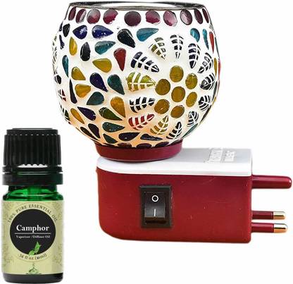 CraftQua Camphor Aroma Oil Diffuser Set Electric Glossy Multipurpose Ceramic Aroma Oil Diffuser/Kapoor Dani/ 2in1 Camphor Burner with Switch (in-Built On/Off Button for Heating) Hand-Crafted Incense Burner for Home, Office, Temple, Positive Energy and Ambiance (B017-01) with Camphor Aroma Oil 10ml