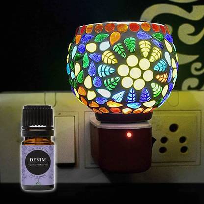 CraftQua Denim Aroma Oil Diffuser Set Electric Glossy Multipurpose Ceramic Aroma Oil Diffuser/Kapoor Dani/ 2in1 Camphor Burner with Switch (in-Built On/Off Button for Heating) Hand-Crafted Incense Burner for Home, Office, Temple, Positive Energy and Ambiance (B17-02)