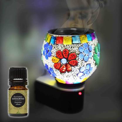 CraftQua Sandalwood Aroma Oil Diffuser Set Electric Glossy Multipurpose Ceramic Aroma Oil Diffuser/Kapoor Dani/ 2in1 Camphor Burner with Switch (in-Built On/Off Button for Heating) Hand-Crafted Incense Burner for Home, Office, Temple, Positive Energy and Ambiance (SmartB-05) with Sandalwood Aroma Oil 10ml