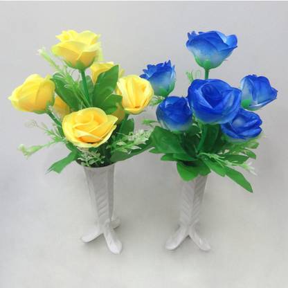OM COLLECTIONS Rose Artificial Flower Yellow, Blue Rose Artificial Flower  with Pot