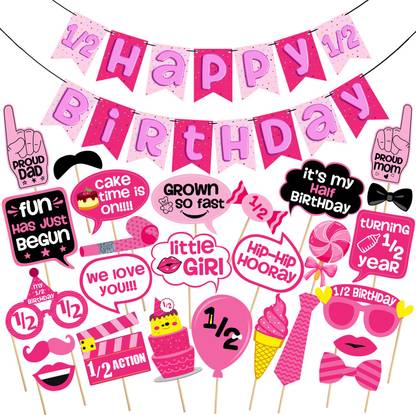 Prihit 1/2 Birthday Bunting Banner for Baby Girl in Pink Decorations (Pink)