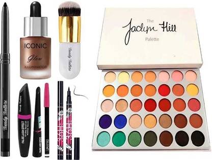 Trendy Trotters Kajal pencil + Eyebrow Pencil Black & Liquid EyeLiner & Mascara + 2 pc 36 hours eyeliner + jackline hill eyeshadow palette + oval brush + Illuminator glow ( 9 items )
