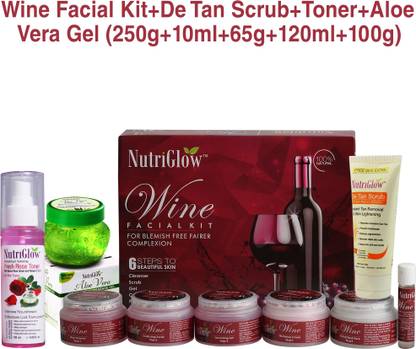 NutriGlow Red Wine Facial Kit (250 gm) +De tan Scrub (100 gm) + Aloe Vera Massager Gel ( 100 gm) + Red Wine Rose Toner (120 ml)