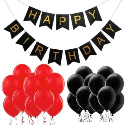 Wonder Party Decoration 11 Pcs Kit Black Happy Birthday Banner, Black and Red Balloons
