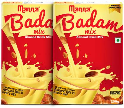 Manna Instant Badam Drink Mix with Real bits of Badam, 400g (200g x 2 Packs) . More Bits per Sip (10% Badam). Make Milk tastier