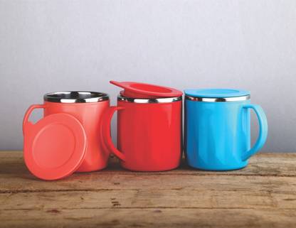leadder kitchenware MUG//COFFEE MUG// TEA MUG// AIR TIGHT LEAKPROOF LID COFFEE MUG (SET OF 3) Plastic, Stainless Steel Coffee प्लास्टिक मग