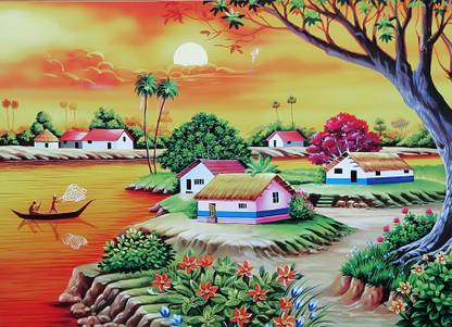 beautiful village painting scenery Fine Art Print