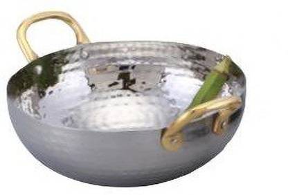 JS Hotelware Stainless Steel Serving Bowl Stainless Steel Hammered Serving Kadhai Pan with Both Sided Brass Handle