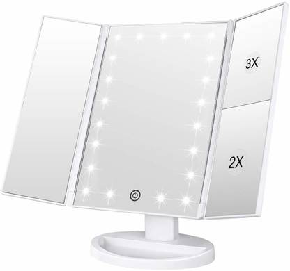 Nyalkaran Lighted Makeup Mirror with LED Lights, Trifold Vanity Mirror with 3X/2X/1X Magnification, Touch Screen, Dual Power Supply, 180 Degree Rotation Portable Mirrors for Travel