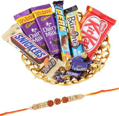Cadbury Chocolates Tray With Beautiful Designer Rakhi | 3 Rudraksha Rakhi For Brother | Chocolate Gift For Rakhi | Rakhi Gift | 3RDR47 Combo