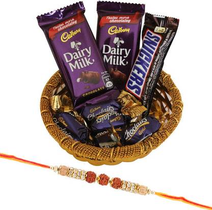 Cadbury Chocolate Celebration Hamper With Beautiful Rudraksh Rakhi | 3 Rudraksha Rakhi For Brother | Chocolate Gift For Rakhi | Rakhi Gift | 3RDR64 Combo