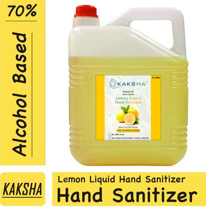 kaksha Lemon Yellow Instant Hand Liquid Sanitizer 70% Alcohol Based Anti Bacterial Safe on Skin And Surfaces (Kills 99.99% Germs & Flue Virus) Without Water With Triple Action Formula Sanitizer Hand PH Balanced, Nourishes Skin 5Liter Bottle  Liquid Can (5000 ml) (5L) 5Liter Hand Sanitizer Can