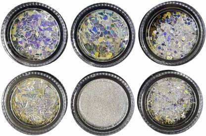 Shills Professional 6Pot/set Nail Art Holographic Flake Dust Multi-Colored Hexagon Ultra-thin Chunky Flake Sparkly Spangle DIY Nail Art Mylar Flakes