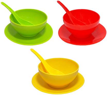 Kotak Sales Plastic Soup Bowl 3 Piece Unbreakable Plastic Soup Bowl Colorful Food Grade Hot Cold Serving Bowls 300ML with Platters for Soup/Noodles/Dessert/Snacks/Icecream Freezer Safe for Kitchen (Multicolor)