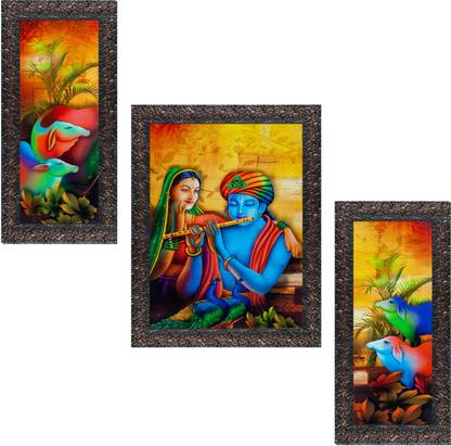 Indianara Set of 3 "Radha Krishna" Framed Painting (2554GBN) without glass (6 X 13, 10.2 X 13, 6 X 13 INCH) Digital Reprint 13 inch x 10.2 inch Painting
