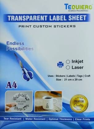Tequiero Clear Transparent Sticker Paper for Inkjet Printer, Self Adhesive Vinyl Glossy Transparent Sheets for printing stickers and labels Unruled A4 100 gsm Inkjet Paper