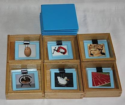 Jnanamudra Montessori-Language-Blue Picture Boxes 1-6((Wooden Box CONTAINING Picture Cards with Vowels Sounds A,E,I,O,U and ONE Mixed Vowel with CORRESPONDING Name Tags)