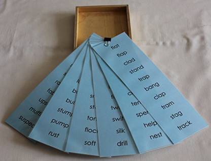 Jnanamudra Montessori-Language-Blue WORDLISTS (Wooden Box with 6 Word Lists Half of A4 Size with Vowel Sound "A.E.I,O,U" and Mixed Vowel)