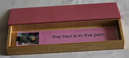 Jnanamudra Montessori-Language-Pink Rectangular Boxes for Sentences Set of Two( Two Wooden Boxes with Individual Set of Sentence Card ONE with Attached Picture The Other with DITACHED Picture)