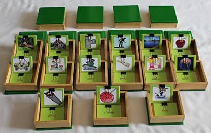 Jnanamudra Montessori-Language-Phonogram Boxes Set of 19 (A Set of 19 Wooden Boxes with Individual Picture Cards and Name Tags CORRESPONDINGS to 19 Different PHONOGRAMS