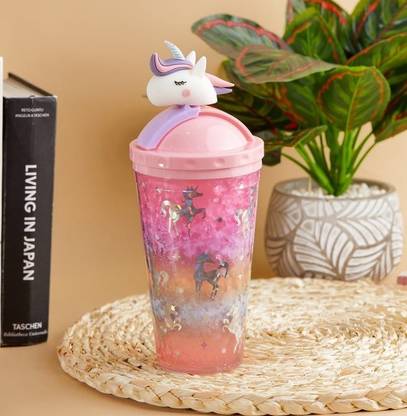 miRim Slide and Open Unicorn Sipper Glass/Tumbler with Straw Plastic Tumbler
