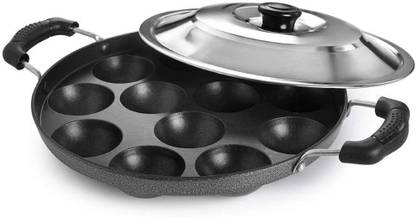 Panca 12 Cavity Grey Appam Maker Non Stick Aluminium Appam Pan with Lid Paniyarakkal Paniarakkal with Lid 1 L capacity 25 cm diameter