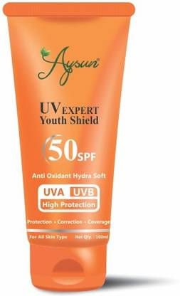 आयसुन UV एक्सपर्ट यूथ शील्ड 50SPF हाइड्रा मिल्क फेस और बॉडी सनस्क्रीन UVA UAB हाई प्रोटेक्शन SPF - 50 PA+