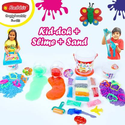 Rabbit Kid Doh Classic Bucket+Play Sand Boxes 2 +Play Slime Metaalic 100gm + Play slime Neon 100g Combo of 5 Play Doh Clay|Sand Clay for Kids|Sand Slime|Play Doh Slime|Slime for Kids|Play Sand for Kids|Play Do|Play Doh Sand Clay|For Age 3+