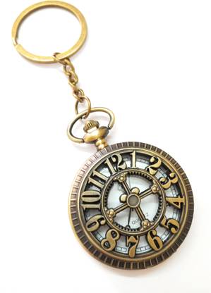 TheKeyHouse Antique Metallic Famous Number Clock With Direction Indicator Theme Vintage Gandhi Style Pocket Watch Key Chain With Key Ring for Men/Women Key Chain