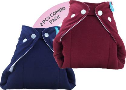 bumberry Smart Prefold Diaper Cotton Cloth Reusable One Piece Diapering With Waist Adjustment And Extra Insert Attached Pack Of 2 (0 - 6 Months, Maroon , Navy)