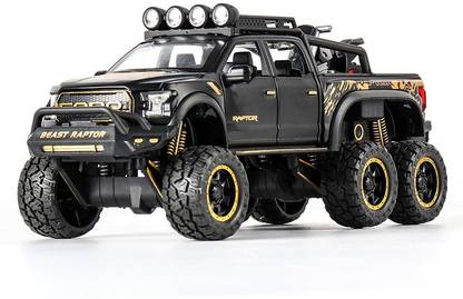 IndusBay 1:24 Scale Alloy Diecast F150 Ford Raptor Big Wheel Toy Car Model with Bike , Sound/Light/Pull-Back Off Road Car Toys for Children Kids Boys, Black