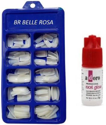BR Belle Rosa 100 Pcs Reusable Acrylic False Nails With Nail Glue For Women's & Girls White WITH DIFFERENT SHAPES AND STYLES white WHITE