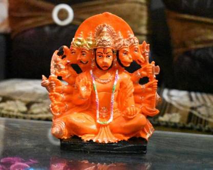 krishnagallery1 Orange Panchmukhi Hanuman Ji Statue Murti Marble Finish , Hanuman Idol , Ram darbar Hanuman , Panchmukhi Hanuman ( For Car Dashbord , Home Temple , Office Temple , Gifted use ) Decorative Showpiece  -  18 cm