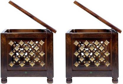 Smarts collection Beautiful Antique Wooden Stool with Brass Cutting Design Storage Stool for Living Room and Bedroom Furniture (Brown,12 X 12 X 12 Inches)(Set of 2) Solid Wood Side Table