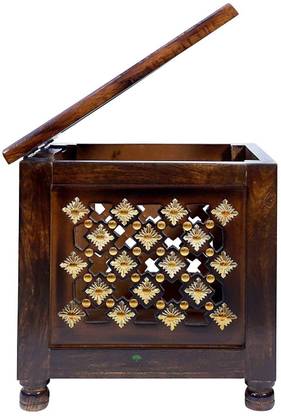 Smarts collection Beautiful Antique Wooden Handmade Stool with Brass Cutting Design Storage Stool for Living Room and Bedroom Furniture (Brown,12 X 12 X 12 Inches) Solid Wood Side Table