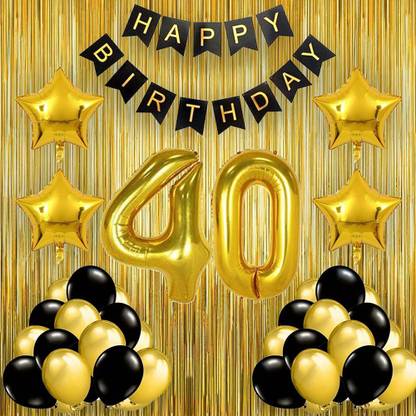 PopTheParty Black Gold 40th Birthday party Decorations With Birthday Banner, Star, Latex Balloons , Curtains and 40 Digit No. Set Of 39 Supplies