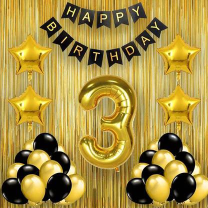 PopTheParty Black Gold 3rd Birthday party Decorations With Birthday Banner, Star, latex Balloons , Curtains and 3 Digit No. Set Of 38 Supplies