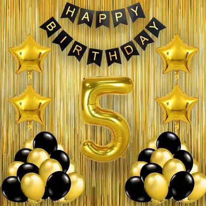PopTheParty Black Gold 5th Birthday party Decorations With Birthday Banner, Star, Latex Balloons , Curtains and 5 Digit No. Set Of 38 Supplies