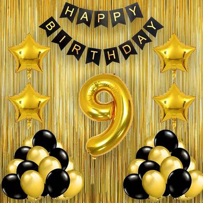 PopTheParty Black Gold 9th Birthday party Decorations With Birthday Banner, Star, Latex Balloons , Curtains and 9 Digit No. Set Of 38 Supplies