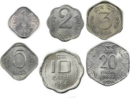 AKSH CURRENCIES SET OF 6 VERY OLD COINS - 1 PAISA, 2 PAISE, 3 PAISE, 5 PAISE, 10 PAISE & 20 PAISE OLD COINS * ALUMINIUM COINS * ALL COINS WILL BE OF MIXED YEAR AND WILL BE PROVIDED AS PER AVAILABILITY OF YEAR * VERY GOOD FOR STUDY PURPOSE & INFORMATIVE FOR SMALL CHILDREN Ancient Coin Collection