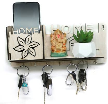 Rudrax 2 Compartments Wall Mounted Key Holder Key Rack Key Hanger | Wall Mount Stylish Wooden Shelves Designer Wooden Key Holder with 7 Hooks
