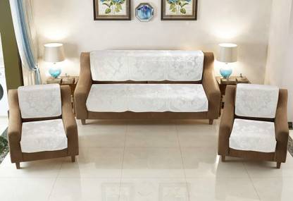 golden leaf Velvet Embossed Self Abstract Design 5 Seater Sofa Cover (3+1+1) - Cream Sofa Fabric