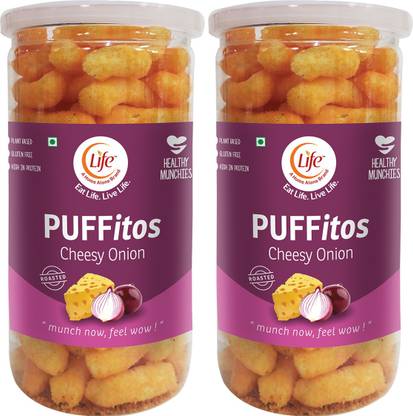 Life PUFFitos Corn Puffs Cheesy Onion - Combo Pack of 2 (65g Each Jar) - Crunchy Healthy Protein Snack