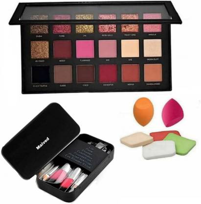 Maived Rose Gold REMASTURED Eyeshadow Palette Matte And Shimmer Eyeshadow + Pack Of 7 Black Makeup Brush Set With Storage Box with Me- now 6 in 1 Beauty Blender Puffs Sponge