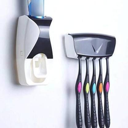 JYORESHA Hands Free Wall Mounted Plastic Automatic Toothpaste Squeezer Dispenser with 5 Hole toothpaste dispenser Plastic Toothbrush Holder