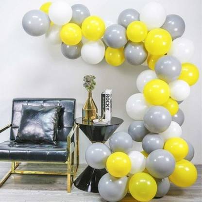 Bash N Splash Solid Quirky Yellow White Grey Balloon Garland Party Decoration Pack With pump (Pack of 123) Balloon