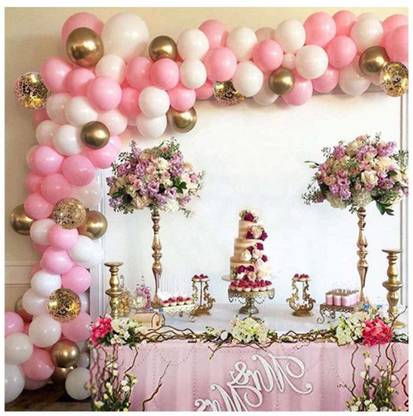 Bash N Splash Solid Princess Pink White Golden Balloon Garland Party Decoration Pack With Chrome Balloon & pump (Pack of 103) Balloon